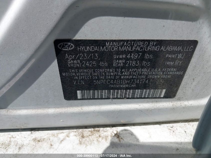 2013 Hyundai Sonata Se 2.0T VIN: 5NPEC4AB1DH734174 Lot: 39900113