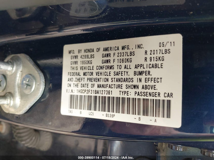 2011 Honda Accord 2.4 Lx VIN: 1HGCP2F31BA127361 Lot: 39900114