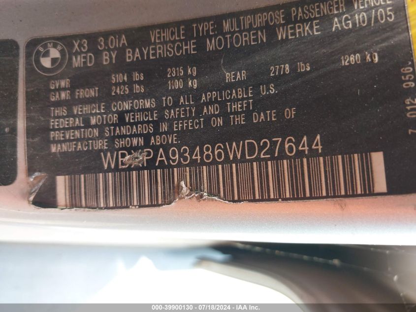 2006 BMW X3 3.0I VIN: WBXPA93486WD27644 Lot: 39900130