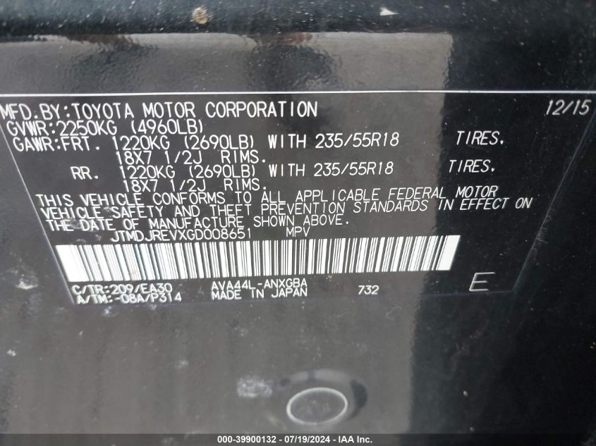 2016 Toyota Rav4 Hybrid Limited VIN: JTMDJREVXGD008651 Lot: 39900132