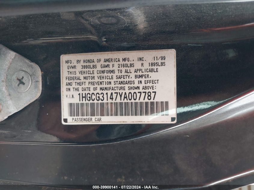 2000 Honda Accord 2.3 Lx VIN: 1HGCG3147YA007787 Lot: 39900141