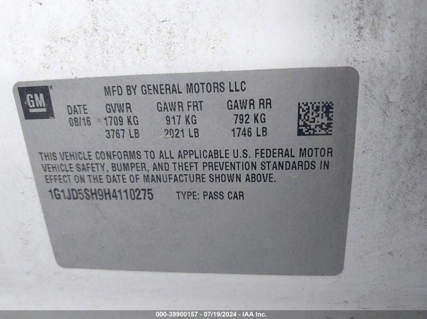 2017 Chevrolet Sonic Lt VIN: 1G1JD5SH9H4110275 Lot: 39900157