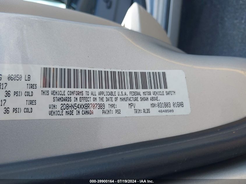2008 Dodge Grand Caravan Sxt VIN: 2D8HN54XX8R707389 Lot: 39900164