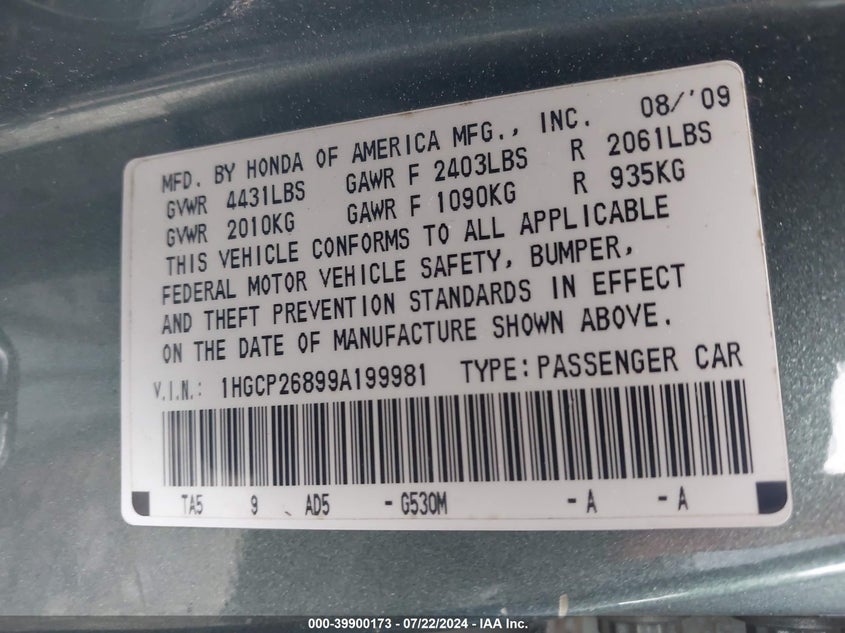 2009 Honda Accord 2.4 Ex-L VIN: 1HGCP26899A199981 Lot: 39900173