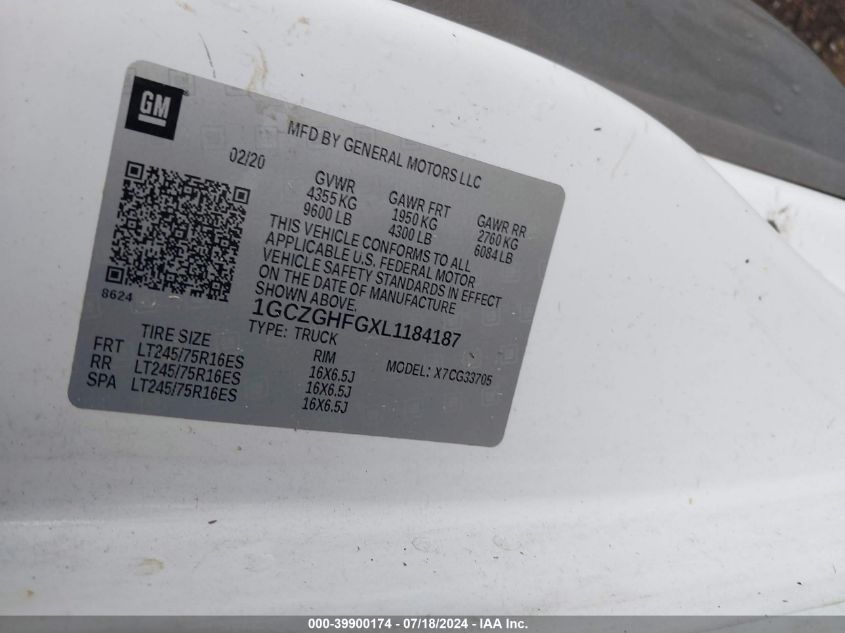 2020 Chevrolet Express Cargo Rwd 3500 Extended Wheelbase Wt VIN: 1GCZGHFGXL1184187 Lot: 39900174