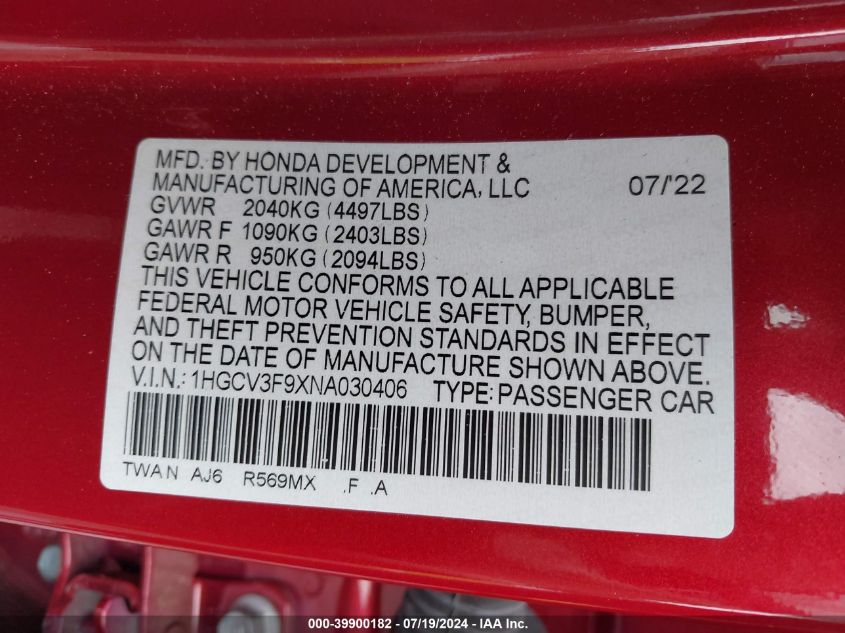 2022 Honda Accord Hybrid Touring VIN: 1HGCV3F9XNA030406 Lot: 39900182