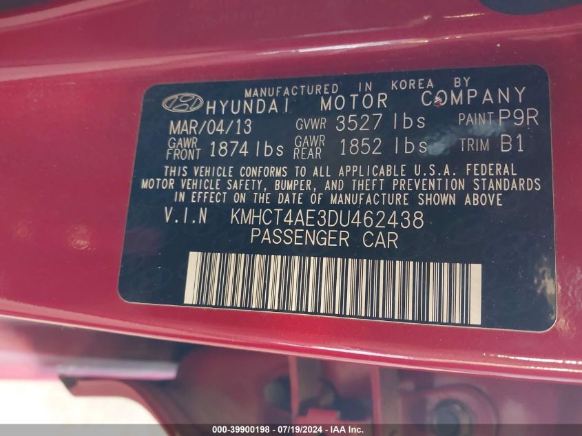 2013 Hyundai Accent Gls/Gs VIN: KMHCT4AE3DU462438 Lot: 39900198