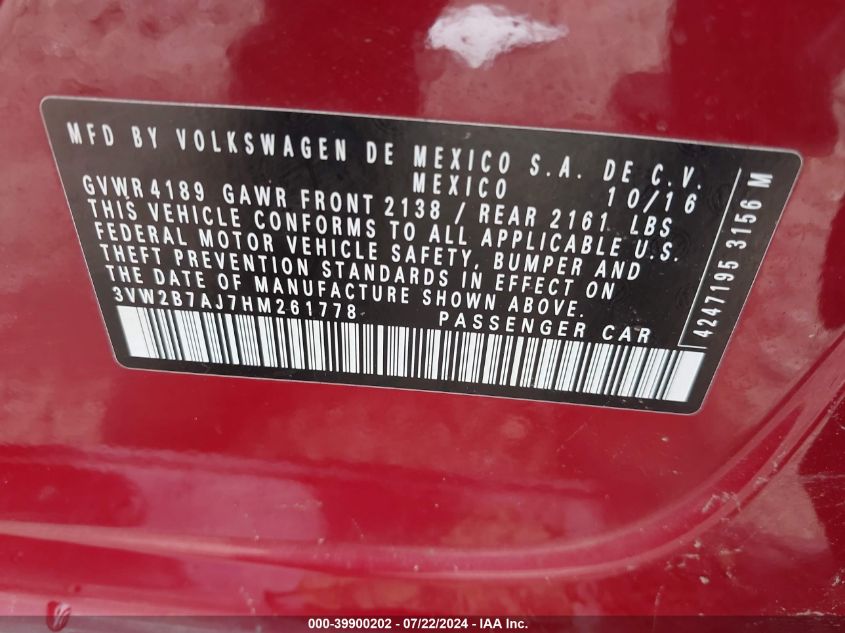 2017 Volkswagen Jetta 1.4T S VIN: 3VW2B7AJ7HM261778 Lot: 39900202