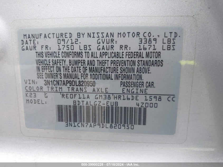 2013 Nissan Versa 1.6 Sl VIN: 3N1CN7AP9DL820950 Lot: 39900228