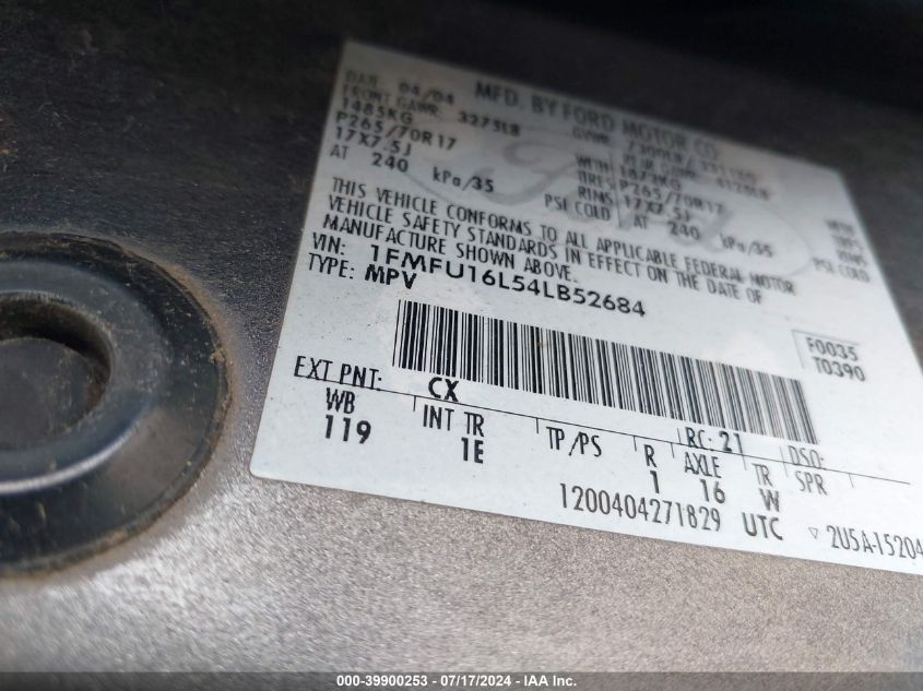 2004 Ford Expedition Nbx/Xlt VIN: 1FMFU16L54LB52684 Lot: 39900253