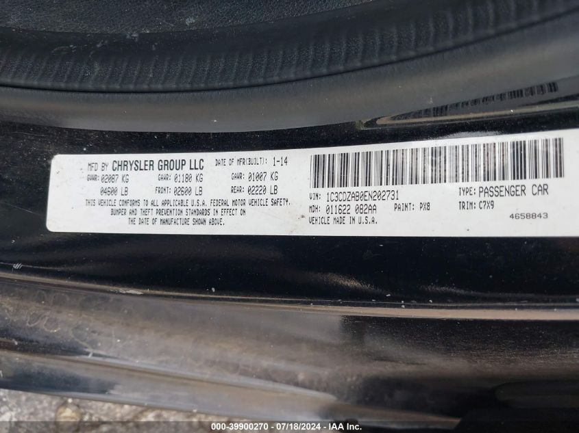 2014 Dodge Avenger Se VIN: 1C3CDZAB0EN202731 Lot: 39900270