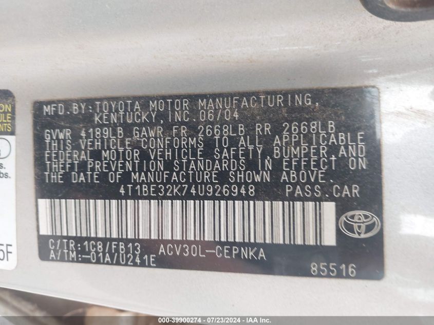 2004 Toyota Camry Le VIN: 4T1BE32K74U926948 Lot: 39900274