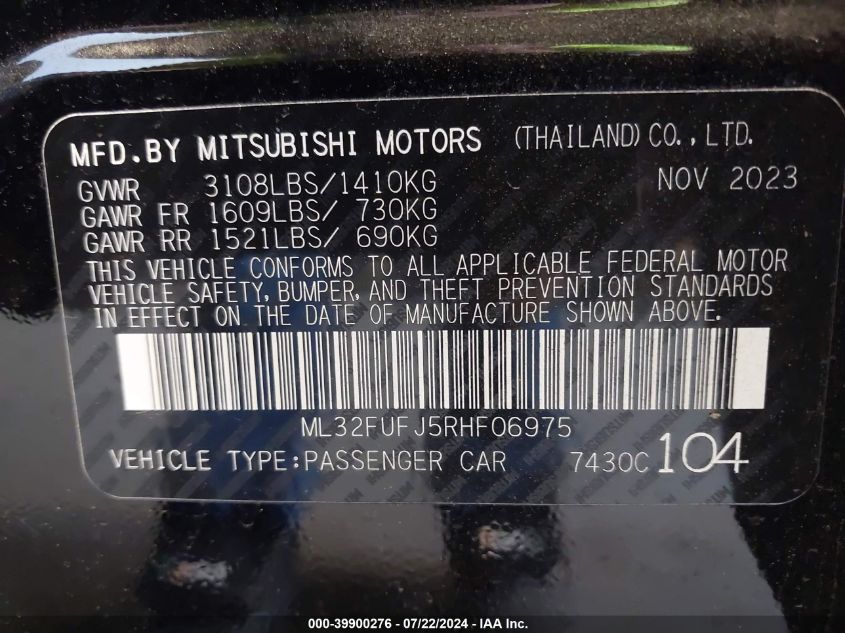 2024 Mitsubishi Mirage G4 Es VIN: ML32FUFJ5RHF06975 Lot: 39900276