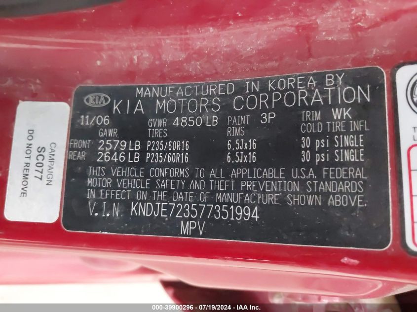 2007 Kia Sportage Lx V6 VIN: KNDJE723577351994 Lot: 39900296