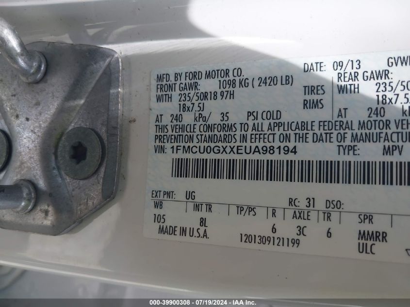 2014 Ford Escape Se VIN: 1FMCU0GXXEUA98194 Lot: 39900308