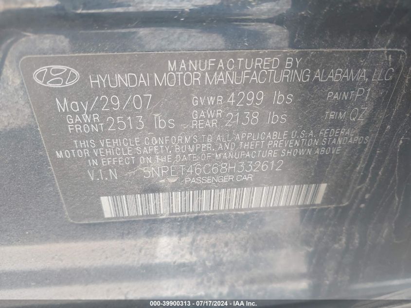 2008 Hyundai Sonata Gls VIN: 5NPET46C68H332612 Lot: 39900313