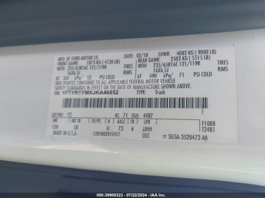 2018 Ford Transit-250 VIN: 1FTYR1YMXJKA46852 Lot: 39900323