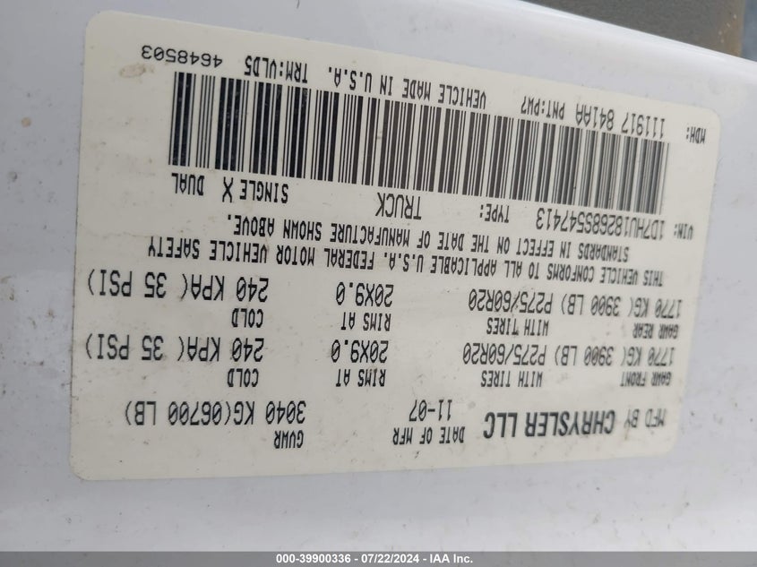 2008 Dodge Ram 1500 Slt VIN: 1D7HU18268S547413 Lot: 39900336