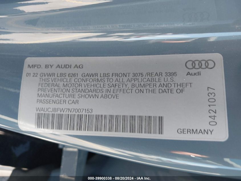 2022 Audi E-Tron Gt Premium Plus Quattro VIN: WAUCJBFW7N7007153 Lot: 39900338