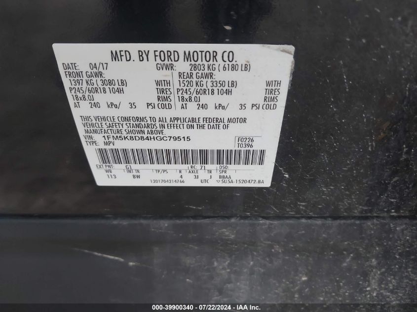 2017 Ford Explorer Xlt VIN: 1FMSK8D84HGC79515 Lot: 39900340