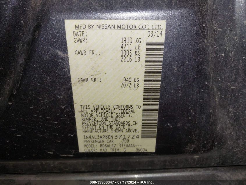 2014 Nissan Altima 2.5 S VIN: 1N4AL3AP8EN371724 Lot: 39900347