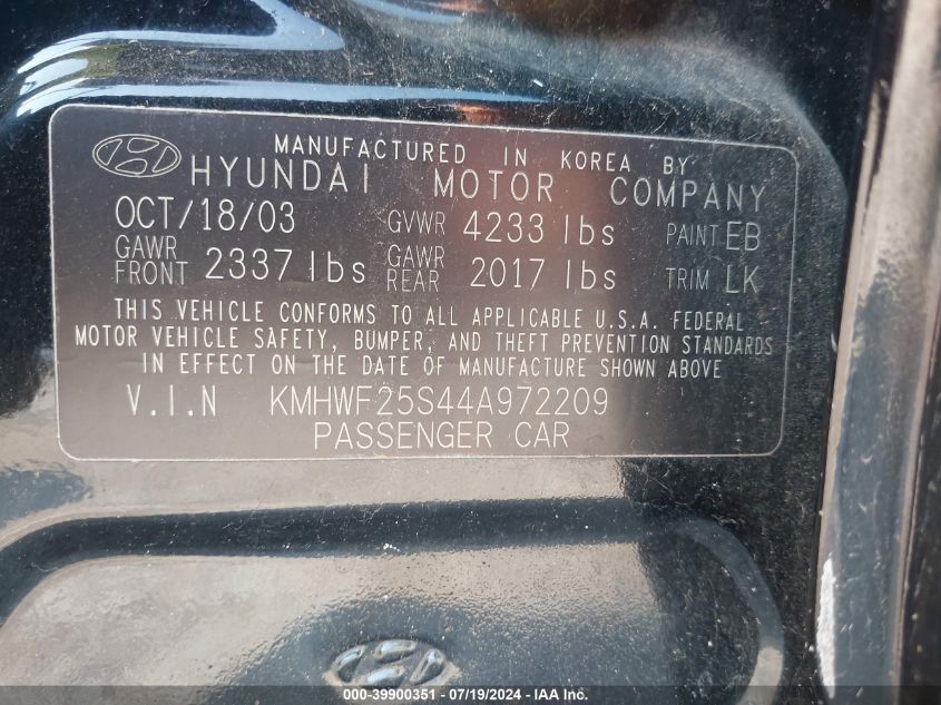 2004 Hyundai Sonata Gl VIN: KMHWF25S44A972209 Lot: 39900351