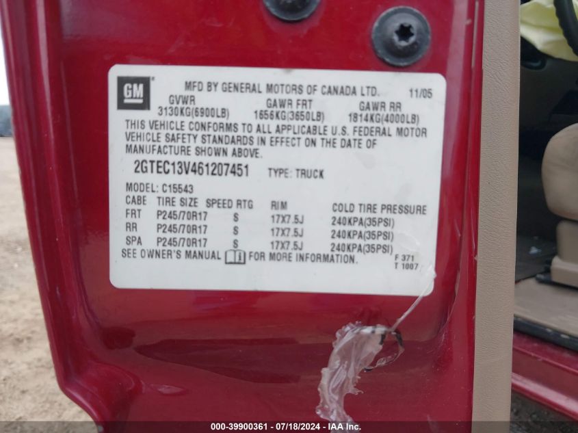 2006 GMC Sierra 1500 Sl VIN: 2GTEC13V461207451 Lot: 39900361