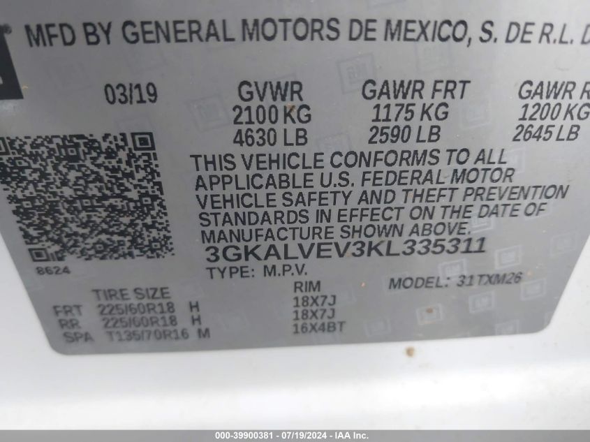 2019 GMC Terrain Slt VIN: 3GKALVEV3KL335311 Lot: 39900381