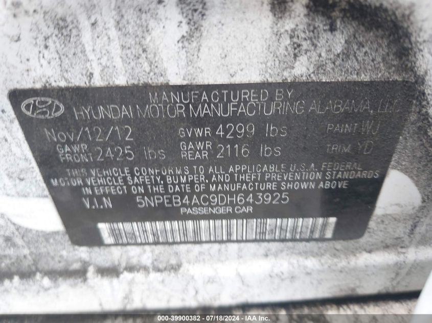 2013 Hyundai Sonata Gls VIN: 5NPEB4AC9DH643925 Lot: 39900382