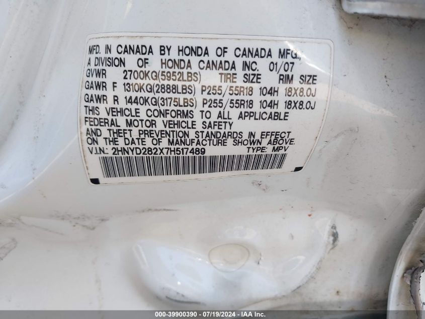2007 Acura Mdx VIN: 2HNYD282X7H517489 Lot: 39900390