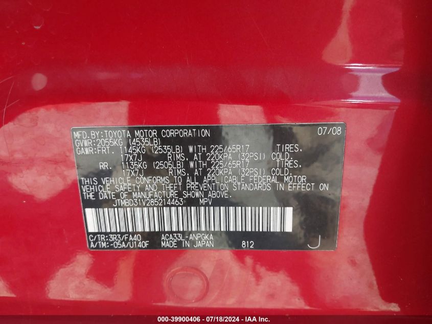 2008 Toyota Rav4 Limited VIN: JTMBD31V285214463 Lot: 39900406