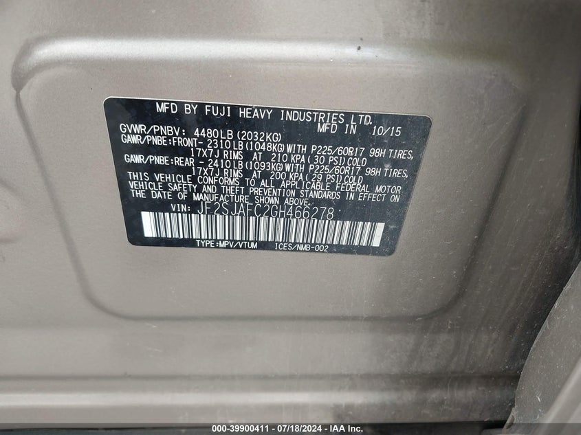 2016 Subaru Forester 2.5I Premium VIN: JF2SJAFC2GH466278 Lot: 39900411
