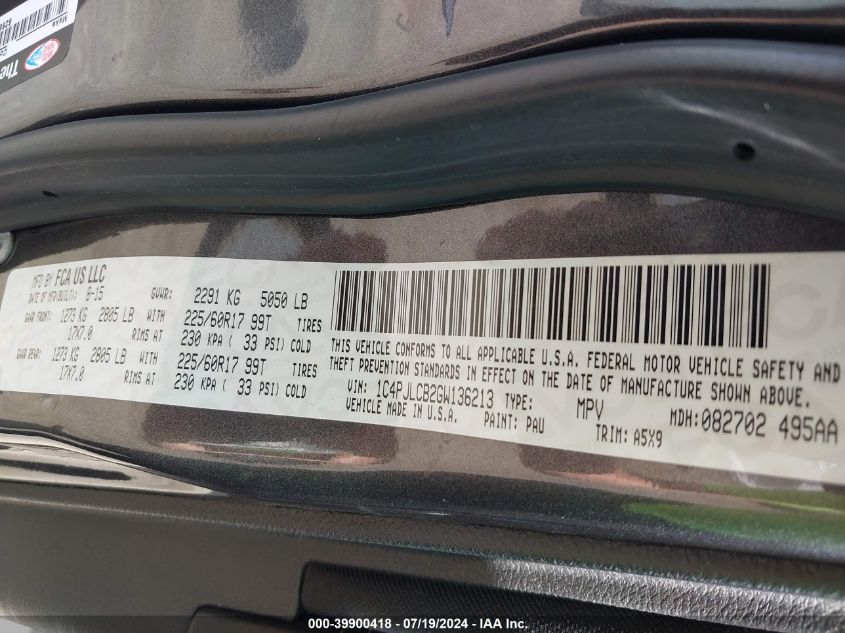 2016 Jeep Cherokee Latitude VIN: 1C4PJLCB2GW136213 Lot: 39900418