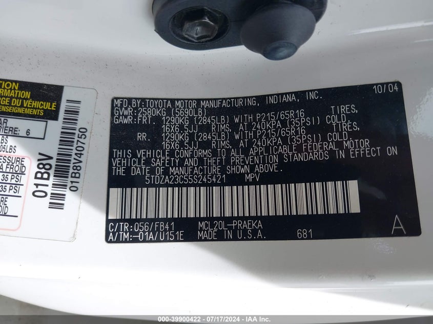 2005 Toyota Sienna Le VIN: 5TDZA23C55S245421 Lot: 39900422