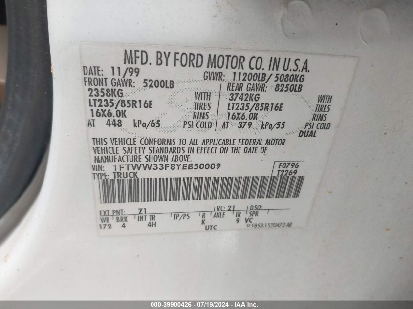 2000 Ford F350 Super Duty VIN: 1FTWW33F8YEB50009 Lot: 39900426