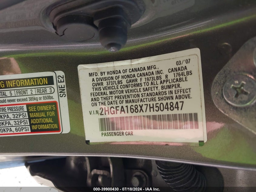 2007 Honda Civic Ex VIN: 2HGFA168X7H504847 Lot: 39900430