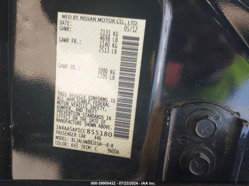 2012 Nissan Maxima S/Sv VIN: 1N4AA5AP1CC855180 Lot: 39900432