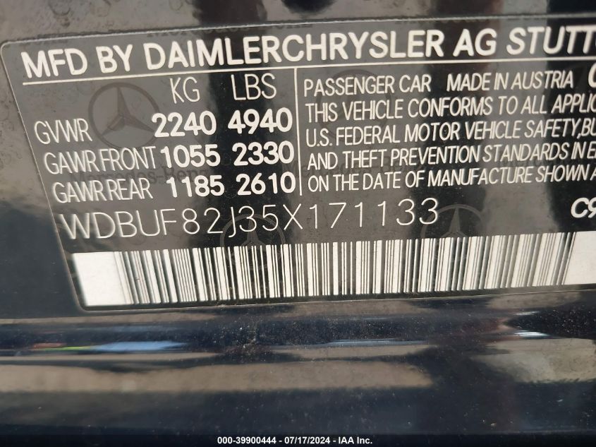 2005 Mercedes-Benz E 320 4Matic VIN: WDBUF82J35X171133 Lot: 39900444