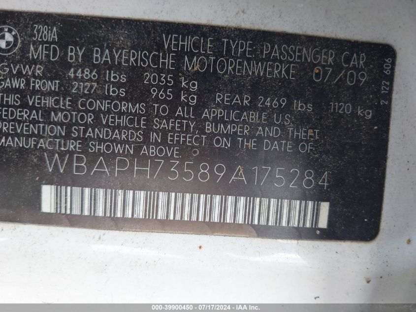 2009 BMW 328I VIN: WBAPH73589A175284 Lot: 39900450