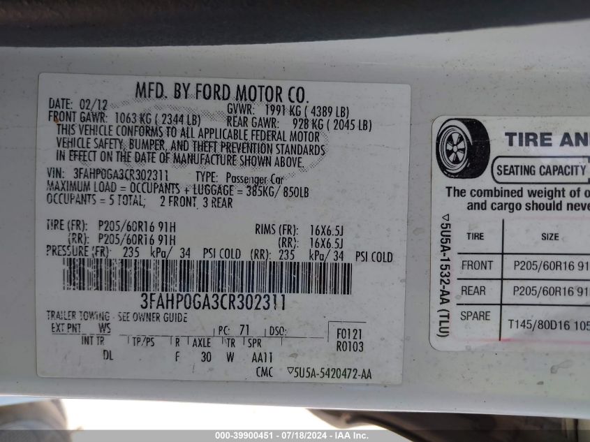 2012 Ford Fusion S VIN: 3FAHP0GA3CR302311 Lot: 39900451