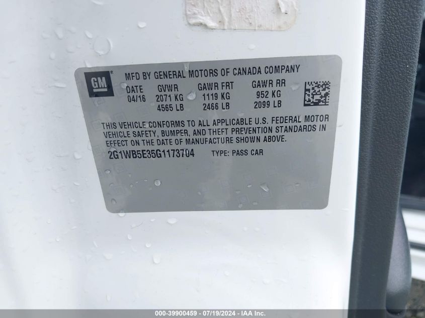 2016 Chevrolet Impala Limited Lt VIN: 2G1WB5E35G1173704 Lot: 39900459