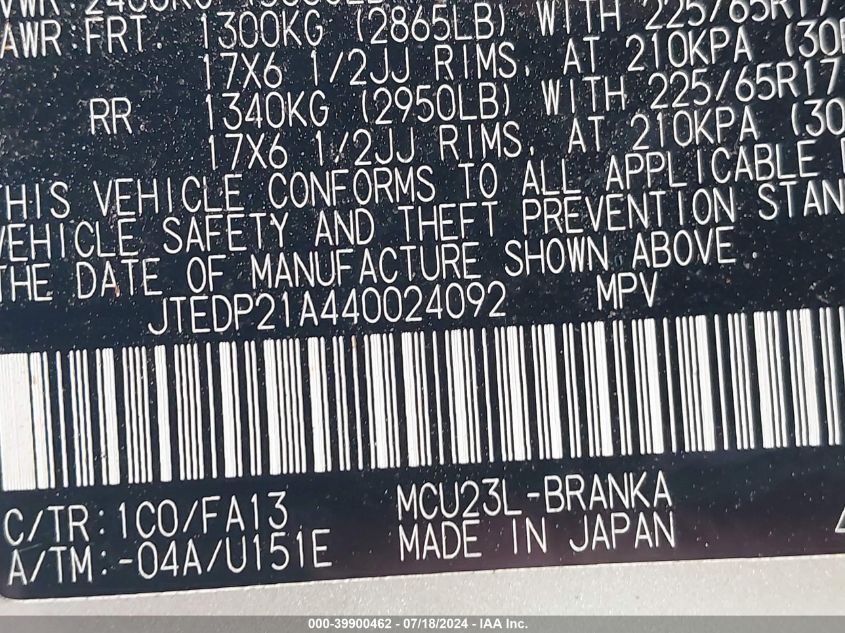 2004 Toyota Highlander Limited V6 VIN: JTEDP21A440024092 Lot: 39900462