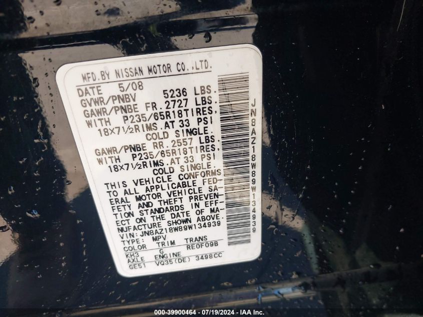 2009 Nissan Murano Sl VIN: JN8AZ18W89W134939 Lot: 39900464