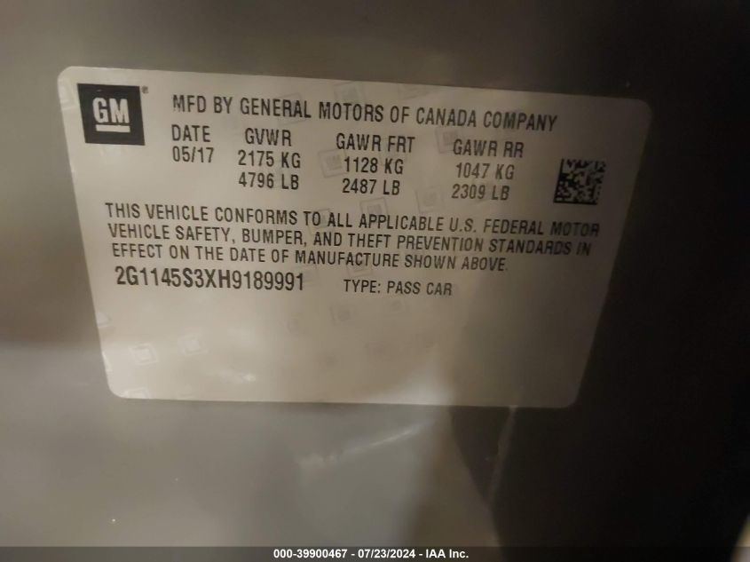 2017 Chevrolet Impala 2Lz VIN: 2G1145S3XH9189991 Lot: 39900467