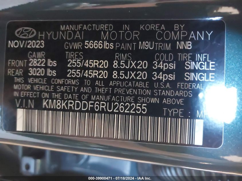 2024 Hyundai Ioniq 5 Limited VIN: KM8KRDDF6RU262255 Lot: 39900471