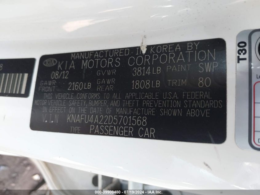 2013 Kia Forte Ex VIN: KNAFU4A22D5701568 Lot: 39900480