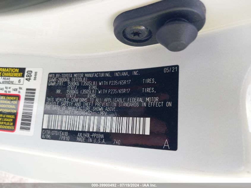 2021 Toyota Sienna Xle VIN: 5TDJRKEC1MS046402 Lot: 39900492