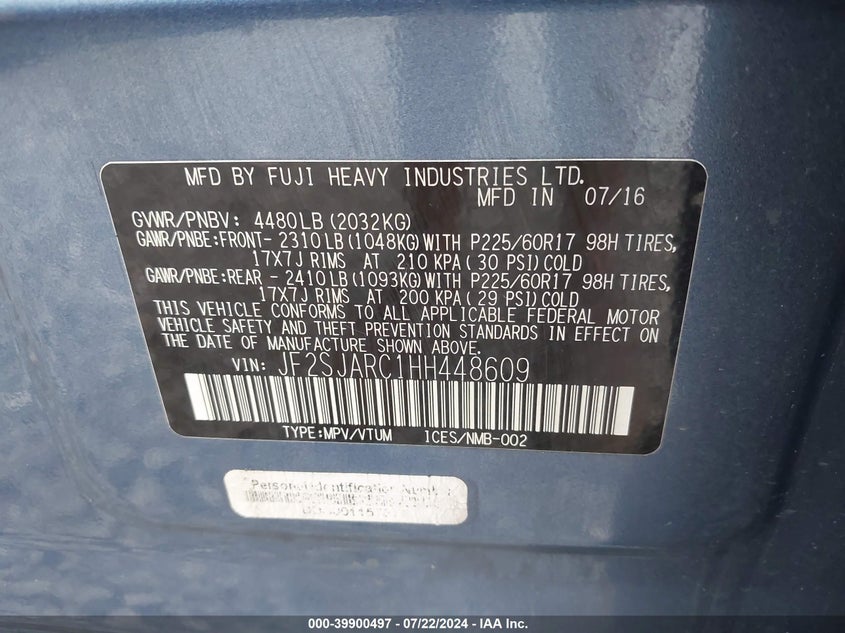 2017 SUBARU FORESTER 2.5I LIMITED - JF2SJARC1HH448609