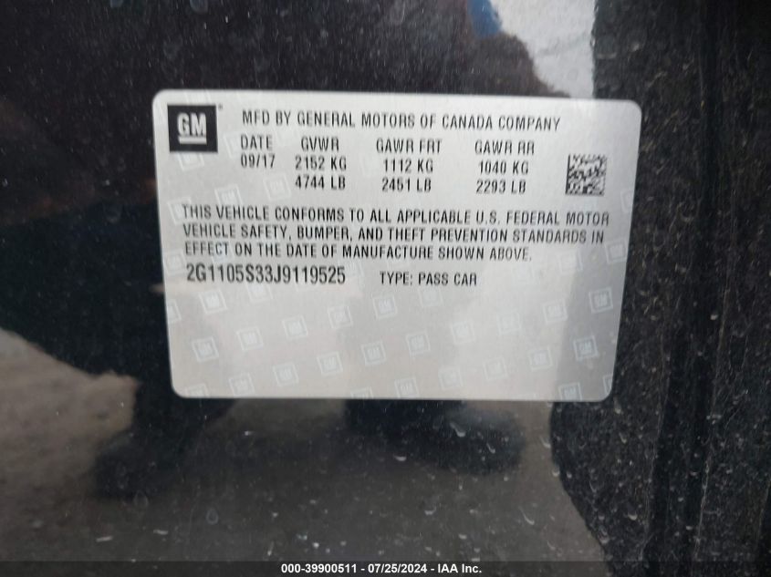 2018 Chevrolet Impala 1Lt VIN: 2G1105S33J9119525 Lot: 39900511