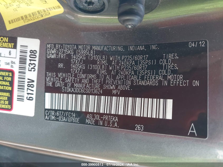 2012 Toyota Sienna Le VIN: 5TDKA3DC6CS013624 Lot: 39900513